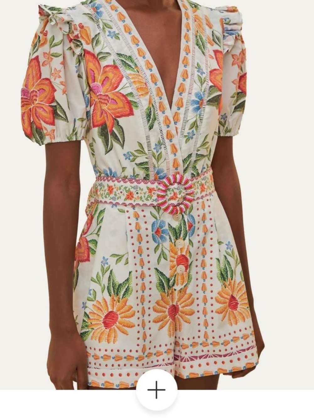 FARM Rio White Floral Embroidered V-Neck Romper with Orange & Green Accents - Picture 1 of 4